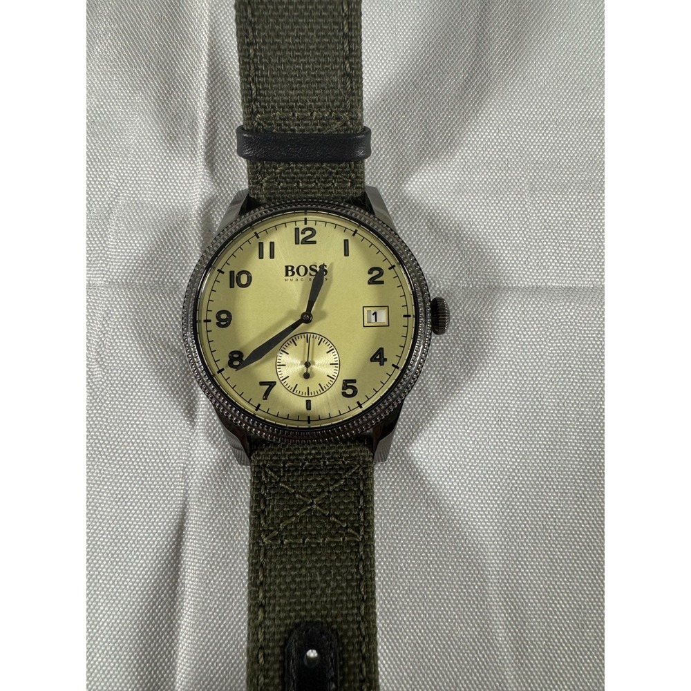 Hugo Boss Watch BOSS Legacy (Model 1513670) Olive Green Canvas Strap Cream Dial